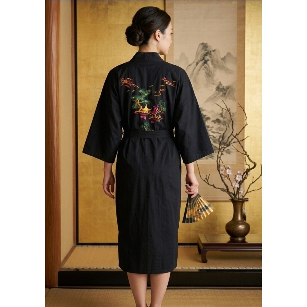 Vintage Asian Inspired Embroidered Cotton Kimono Robe Resort Spa Day Over Size M